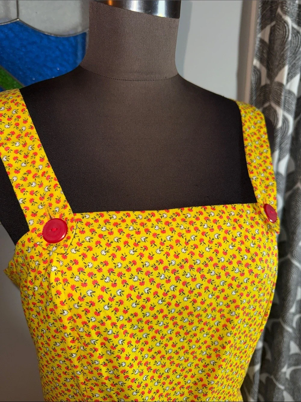 Vintage Handmade Yellow Floral Sundress Square Neck Ruffle Hem Cottagecore S/M